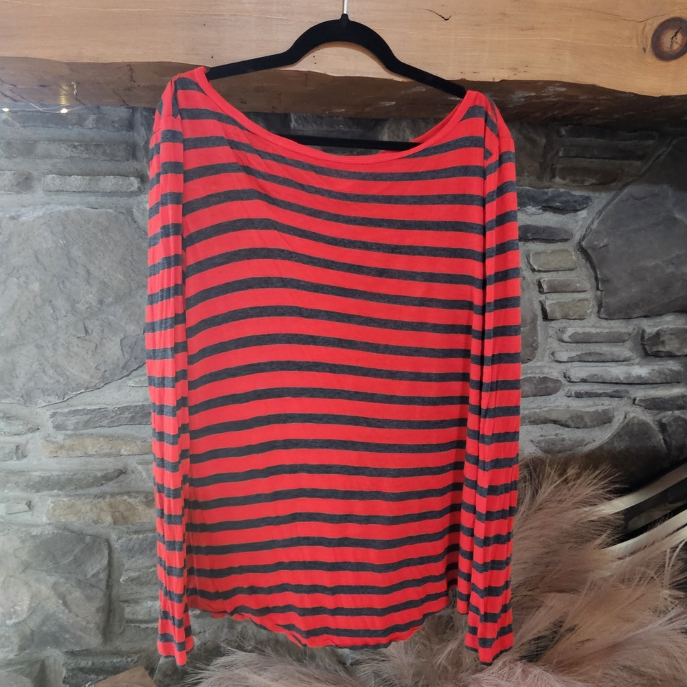 Joe Fresh Red and Black Striped Long Sleeve Top